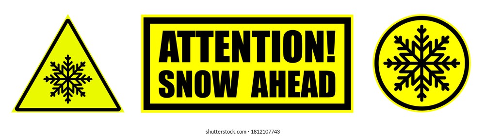 low temperature, snow ahead warning attention sign on yellow. Safety and warning for snow on road. Set of yellow black danger signs. Isolated vector