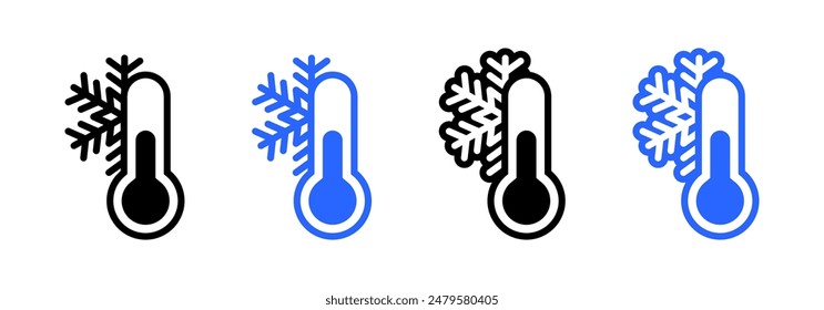 Niedrigtemperatur-Thermometer-Symbol. Symbol für kaltes Schneeflocken-Thermometer. Chilly Wetter Vektorillustration isoliert. Winterzeichen. Gefrorenes Etikett. In kaltem Piktogramm aufbewahren.