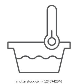 Low temperature thin line icon, indicator and wash, thermometer and basin sign, vector graphics, a linear pattern on a white background, eps 10.