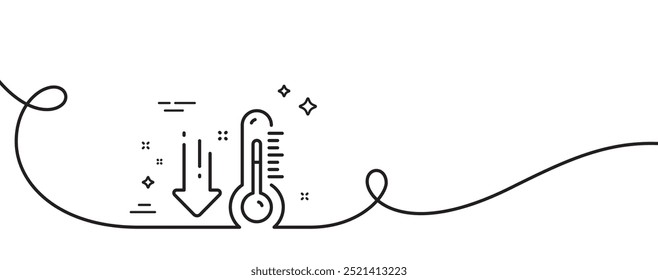 Icono de línea de termómetro bajo. Línea continua con rizo. Signo de diagnóstico de temperatura. Símbolo de medición de la fiebre. Cinta de contorno único de termómetro bajo. Patrón de curva de bucle. Vector