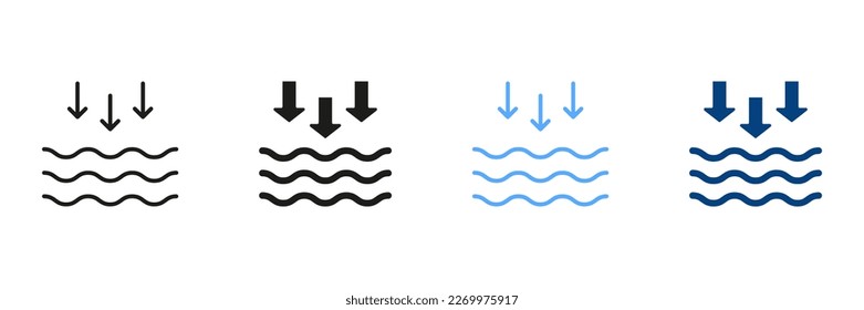 Low Tide Silhouette and Line Icon Set. Waves on the Sea or Ocean Black and Color Symbol Collection. Isolated Vector Illustration.