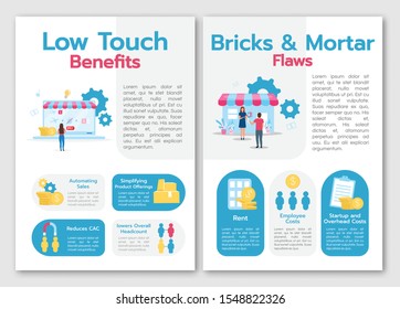 Low touch benefits brochure template. Brics and mortal flows. Flyer, booklet, leaflet concept with flat illustrations. Vector page cartoon layout for magazine. advertising invitation with text space