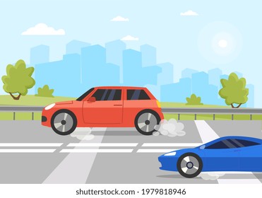 Low traffic on the highway, sport car overtaking small car. Flat cartoon vector illustration concept design online web banner isolated on white background.