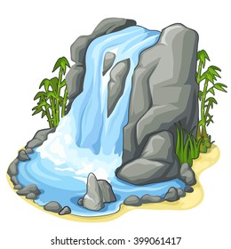 A low tropical waterfall and bamboo isolated on a white background. Cartoon vector close-up illustration.