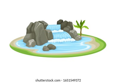 Low Tropical Waterfall with Rocky Stone Bounds Rested on Green Island Spot Vector Illustration