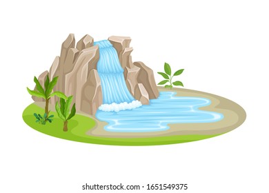 Low Tropical Waterfall with Rocky Stone Bounds Rested on Green Island Spot Vector Illustration