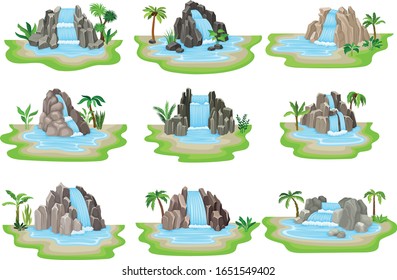 Low Tropical Waterfalls Rested on Green Rounded Island Spot Vector Set