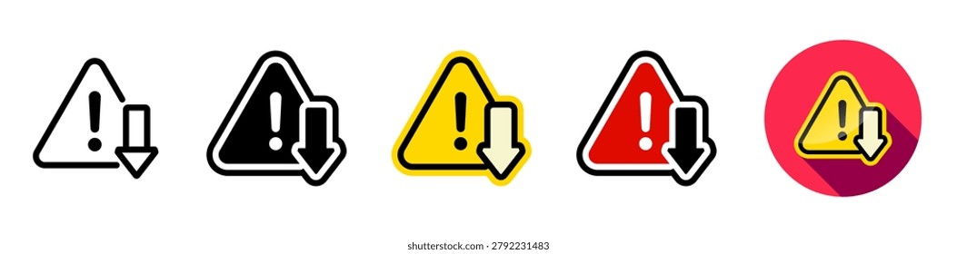 Low urgency status warning icon collection. Diverse down arrow caution, decrease arrow, alert Symbol icons. Editable vector illustration