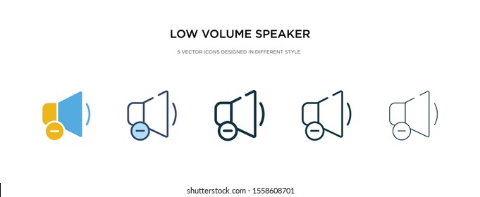 low volume speaker icon in different style vector illustration. two colored and black low volume speaker vector icons designed in filled, outline, line and stroke style can be used for web, mobile,