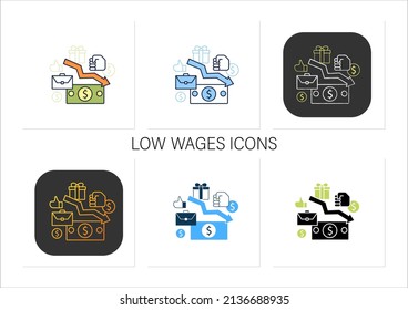 Low wages icons set. Important problem. Discouraging low wages. Less money.Universal basic income concept.Collection of icons in linear, filled, color styles.Isolated vector illustrations