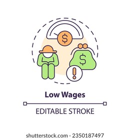 Low wages multi color concept icon. Minimal income. No money. Manual work. Financial problem. Farm worker. Labor market. Round shape line illustration. Abstract idea. Graphic design. Easy to use