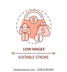 Icono de concepto rojo de bajos salarios. Ingresos mínimos. Sin dinero. Trabajo manual. Problema financiero. Trabajador agrícola. Mercado laboral. Ilustración de línea de forma redonda. Idea abstracta. Diseño gráfico. Fácil de usar