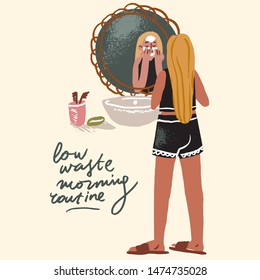 Low waste morning routine sign. illustration of young woman using eco friendly self care treatments. girl in bathroom get skin care.sustainable living.