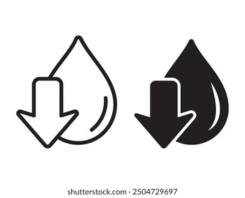 Low water level icon. Droplet with arrow down symbol.  Reduce water usage icon, Supply shortage illustration isolated.