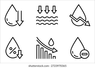 Conjunto de iconos de bajo nivel de agua. Gotita con el símbolo de flecha hacia abajo. Ilustración vectorial sobre fondo blanco
