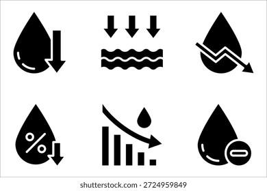 Conjunto de iconos de bajo nivel de agua. Gotita con el símbolo de flecha hacia abajo. Ilustración vectorial sobre fondo blanco