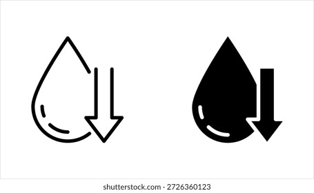 Conjunto de iconos de bajo nivel de agua. Gotita con el símbolo de flecha hacia abajo. Ilustración vectorial sobre fondo blanco