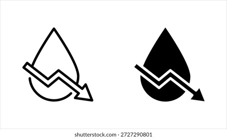 Conjunto de iconos de bajo nivel de agua. Gotita con el símbolo de flecha hacia abajo. Ilustración vectorial sobre fondo blanco