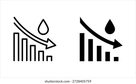 Conjunto de iconos de bajo nivel de agua. Gotita con el símbolo de flecha hacia abajo. Ilustración vectorial sobre fondo blanco