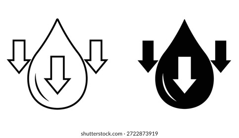 Niedriger Wasserstand Symbol Vektor mit Pfeil nach unten. Ölstandssymbol nach unten Schwarzweißsymbole. Vektorgrafik.