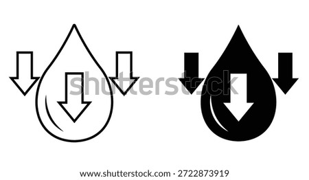 Low water level icon vector with down arrow. Down oil level icon. Black and white style icons. Vector illustration.
