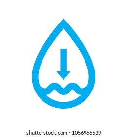 Low water supply level icon. Blue water drop shortage symbol isolated on white background. Vector illustration.