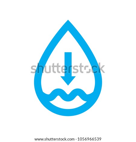 Low water supply level icon. Blue water drop shortage symbol isolated on white background. Vector illustration.