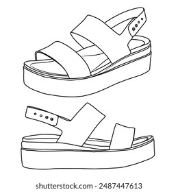 Cuñas bajas de las mujeres, sandalias de la plataforma arte de línea, dibujo técnico a mano dibujo contorno de Vector doodle ilustración. vista diversa, aislado sobre fondo blanco