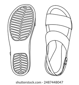 Women’s Low Wedges, Platform Sandals Line art, Technical sketch hand drawing outline vector doodle illustration. top and bottom view, isolated on white background