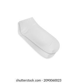 Low White Socks Mockup. Pair Of White Quarter Socks Realistic 3d Template, Isolated On White Background. Men Sport Sock.