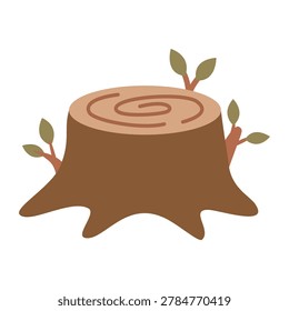 Low wood log stump with small green sprout leaf new growth concept flat vector
