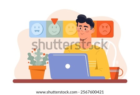 Low work stress. Man with laptop near stress meter. Emoji and feelings. Good mood, calmness and peace. Awareness and mindfulness. Efficient workflow. Flat vector illustration