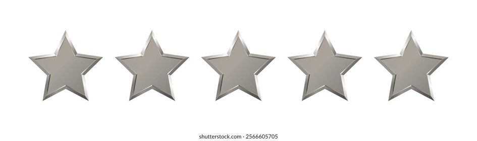 Low zero level 0 out of 5 realistic grey, silver star with metallic effect. Five colorless elements for award, product rating, hotels status. Customer feedback, review. Isolated vector EPS10. Png