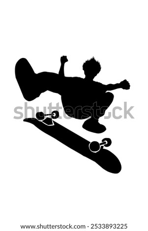 Low-angle, full shot of a man skateboarding in mid-air. The man is positioned roughly in the center of the image, leaning slightly forward, with arms outstretched as he performs a trick. 