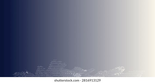 A low-angle view of a city skyline in silhouette against a gradient sky, transitioning from deep blue to light grey, creating a serene and modern urban landscape.