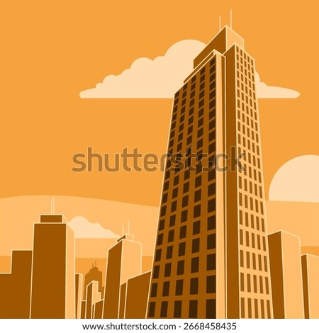 A low-angle view of modern city buildings, bathed in warm geometric designs, accentuated by clean lines and sharp angles. Perfect for celebrating Skyscraper Day on September 3rd.