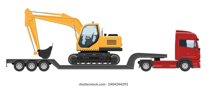 Low-bed semi-trailer truck carrying an excavator. Isolated vector illustration with simple colors without gradients and effects. Construction vehicle concept, view from the side.