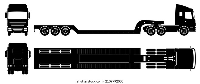 Lowboy trailer truck silhouette on white background. Vehicle monochrome icons set view from side, front, back, and top