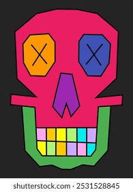 Lowbrow art character. Flat illustration. Colorful skull.