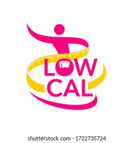 Low-cal (low calorie) icon - dietary food products emblem - weight loss  woman silhouette with measuring tape around - isolated vector logo