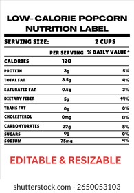 Low-Calorie Popcorn Nutrition Label, Popcorn nutrition	