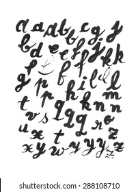 Lowcase handwritten alphabet set. Each letter is grouped separately, there are all the letters of the English alphabets. Design elements were created with Chinese ink and calligraphic pen.