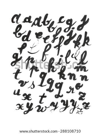 Lowcase handwritten alphabet set. Each letter is grouped separately, there are all the letters of the English alphabets. Design elements were created with Chinese ink and calligraphic pen.