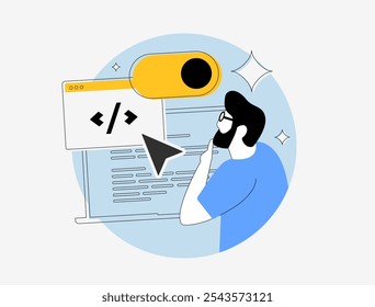 Low-code development platform illustration showcasing simplified app and web creation. Enables users without coding skills to build no-code applications. Isolated flat outline vector illustration