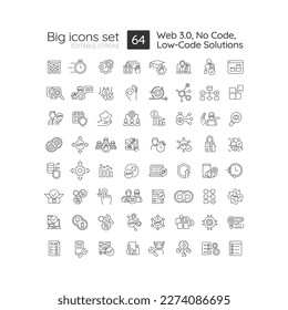 Low-code solutions linear icons set. No code tools. Web 3.0. Application development platform. Customizable thin line symbols. Isolated vector outline illustrations. Editable stroke