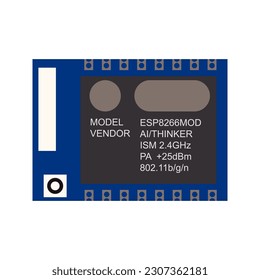 Low-cost Wi-Fi microchip vector illustration, perfect for graphic designers in need of a visual representation of the popular Wi-Fi microcontroller module widely used for IoT applications