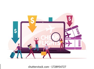 Lowcoster, Cheap Flight and Saving Vacation Budget Concept. Tiny Characters Buying Airplane Tickets Online Save Money for Holidays and Traveling, People with Luggage. Cartoon Vector Illustration