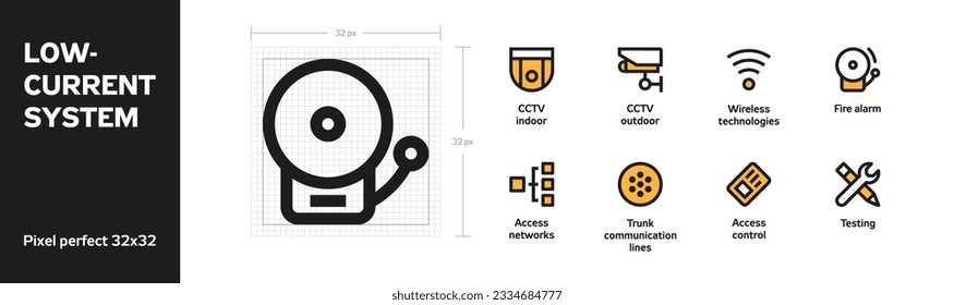 Low-Current Systems. Pack of vector linear icons with transcription. Size: 32x32 px. Two color.