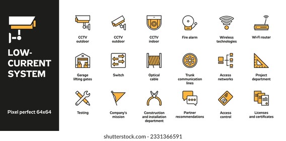 Low-current systems. Vector Line Icons Set. Two colors.  Size 64x64 px.