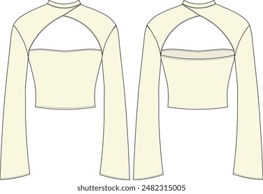 low-cut long sleeve round neck cropped blouse template technical drawing falt sketch cad mockup fashion woman